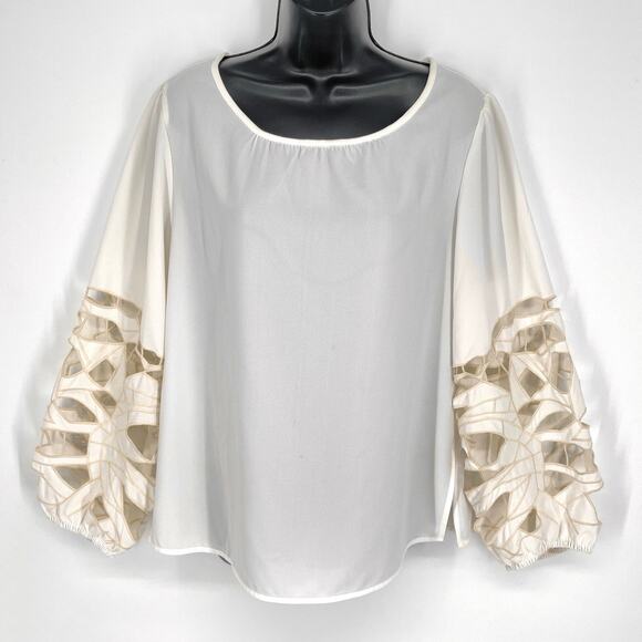 Joie Laser Cutout Balloon Sleeve Blouse Sz XL Cream Scoop Neck Embroidered Sheer - Picture 1 of 10
